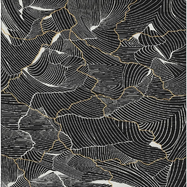 HomeRoots 10' X 14' Modern Black Ivory Gold Abstract Washable Area Rug with UV Protection for High-Traffic Areas 682187