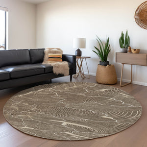HomeRoots 8' Washable Round Rug in Brown, Beige & Ivory – UV Protected, Stylish & Pet-Friendly for Modern Homes 682190