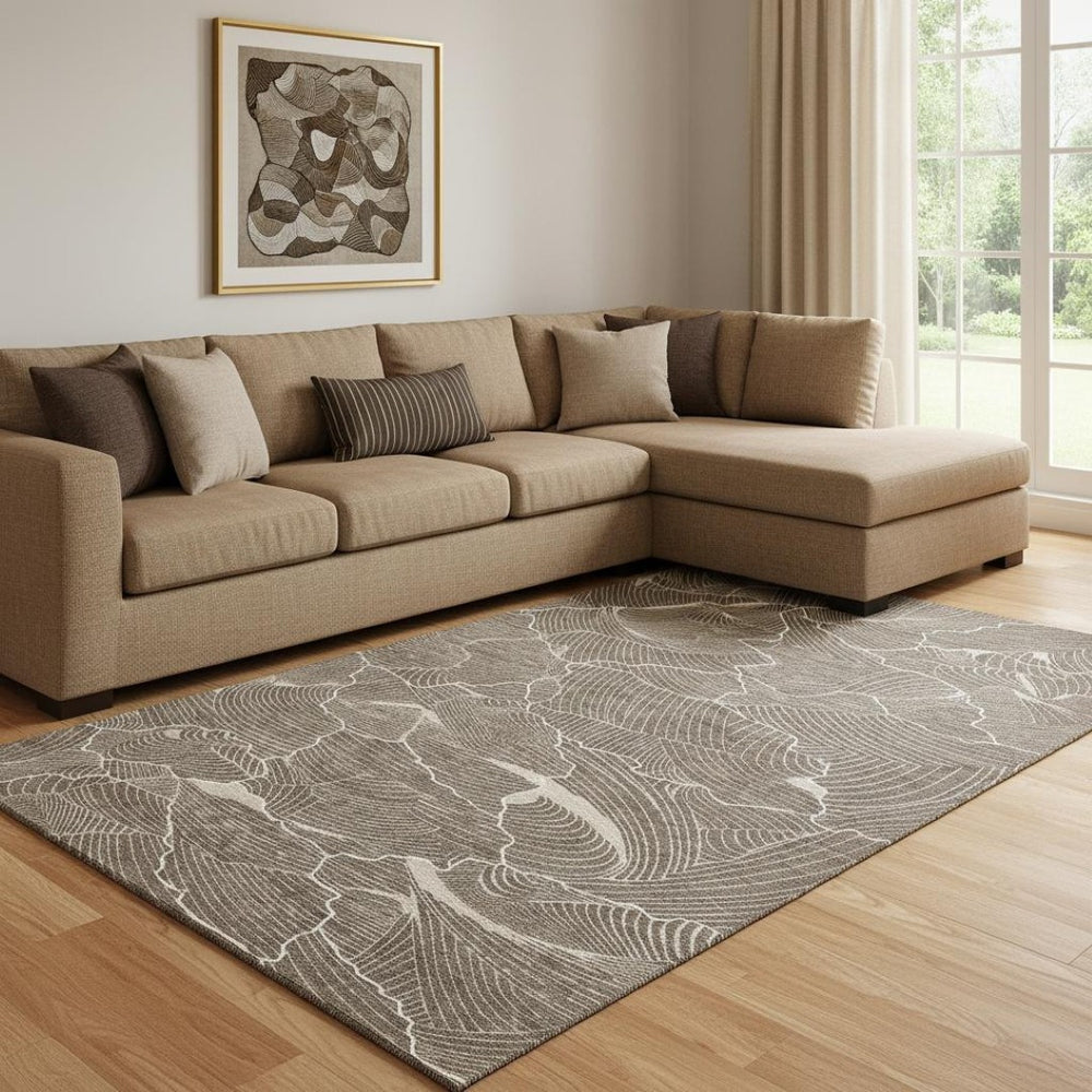 HomeRoots 8' X 10' Washable Abstract Area Rug in Brown, Beige & Ivory - UV Protected, Durable & Stylish Decor 682191
