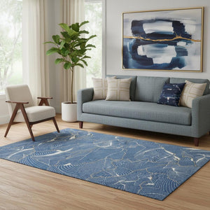 HomeRoots 5' X 8' Abstract Blue Ivory Gold Washable Area Rug with UV Protection for Modern Homes & Families 682195