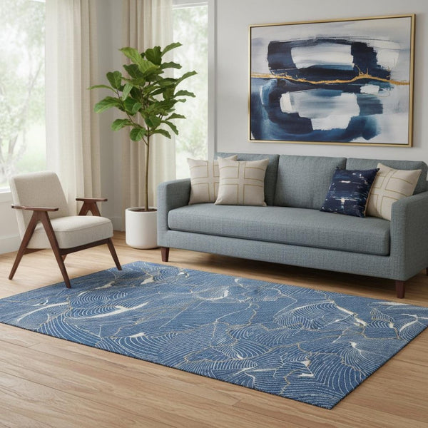 HomeRoots 5' X 8' Abstract Blue Ivory Gold Washable Area Rug with UV Protection for Modern Homes & Families 682195