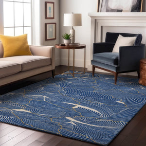 HomeRoots 5' X 8' Abstract Blue Ivory Gold Washable Area Rug with UV Protection for Modern Homes & Families 682195