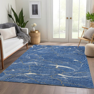HomeRoots 5' X 8' Abstract Blue Ivory Gold Washable Area Rug with UV Protection for Modern Homes & Families 682195