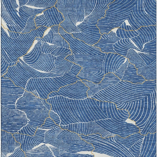 HomeRoots 5' X 8' Abstract Blue Ivory Gold Washable Area Rug with UV Protection for Modern Homes & Families 682195