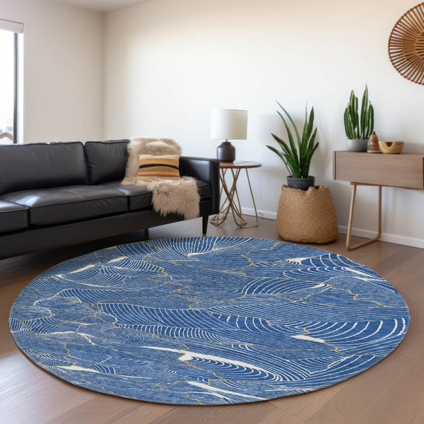 HomeRoots 8' Stunning Blue, Ivory & Gold Abstract Washable Round Rug with UV Protection for Stylish Homes 682196