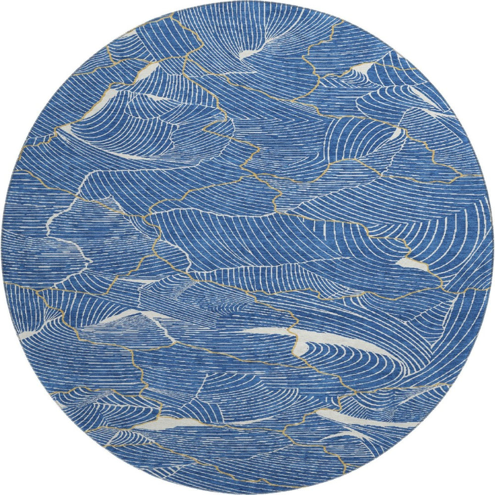 HomeRoots 8' Stunning Blue, Ivory & Gold Abstract Washable Round Rug with UV Protection for Stylish Homes 682196