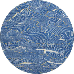 HomeRoots 8' Stunning Blue, Ivory & Gold Abstract Washable Round Rug with UV Protection for Stylish Homes 682196