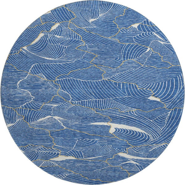 HomeRoots 8' Stunning Blue, Ivory & Gold Abstract Washable Round Rug with UV Protection for Stylish Homes 682196