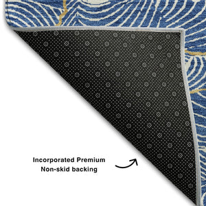 HomeRoots 8' Stunning Blue, Ivory & Gold Abstract Washable Round Rug with UV Protection for Stylish Homes 682196