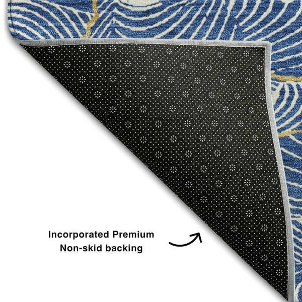 HomeRoots 8' Stunning Blue, Ivory & Gold Abstract Washable Round Rug with UV Protection for Stylish Homes 682196