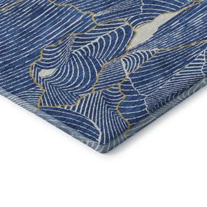 HomeRoots 8' Stunning Blue, Ivory & Gold Abstract Washable Round Rug with UV Protection for Stylish Homes 682196