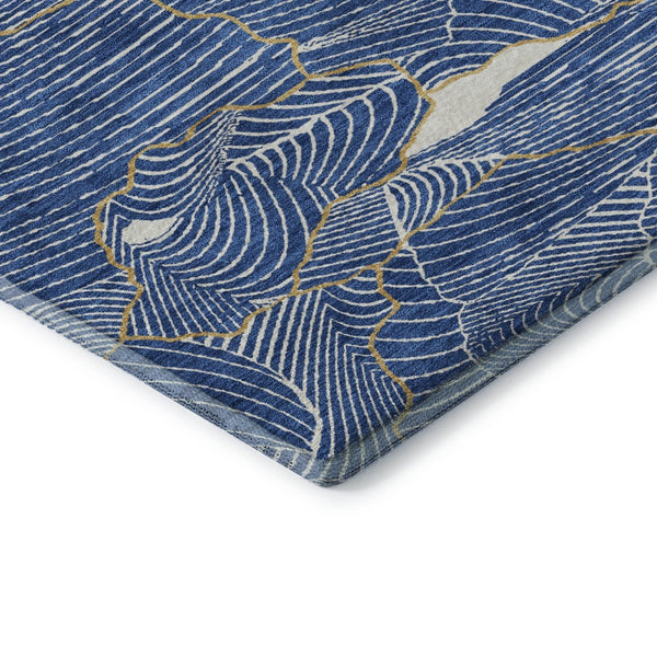 HomeRoots 8' Stunning Blue, Ivory & Gold Abstract Washable Round Rug with UV Protection for Stylish Homes 682196