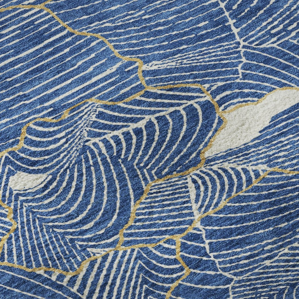 HomeRoots 8' Stunning Blue, Ivory & Gold Abstract Washable Round Rug with UV Protection for Stylish Homes 682196