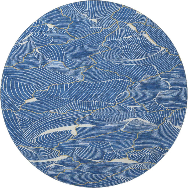 HomeRoots 8' Stunning Blue, Ivory & Gold Abstract Washable Round Rug with UV Protection for Stylish Homes 682196