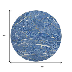HomeRoots 8' Stunning Blue, Ivory & Gold Abstract Washable Round Rug with UV Protection for Stylish Homes 682196