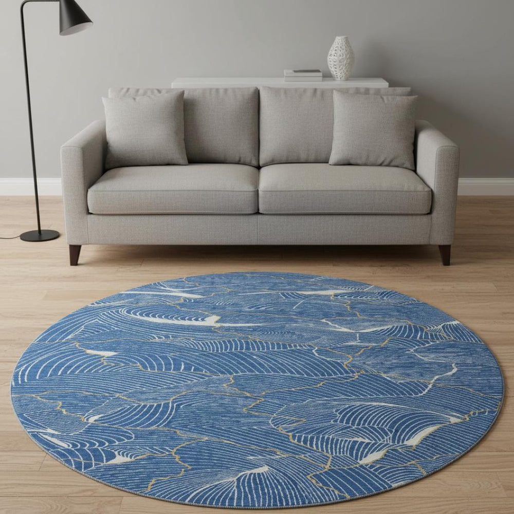 HomeRoots 8' Stunning Blue, Ivory & Gold Abstract Washable Round Rug with UV Protection for Stylish Homes 682196