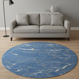 HomeRoots 8' Stunning Blue, Ivory & Gold Abstract Washable Round Rug with UV Protection for Stylish Homes 682196