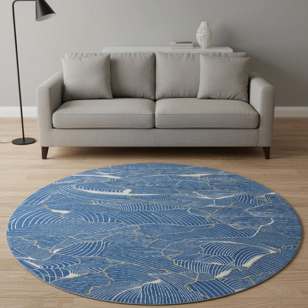 HomeRoots 8' Stunning Blue, Ivory & Gold Abstract Washable Round Rug with UV Protection for Stylish Homes 682196