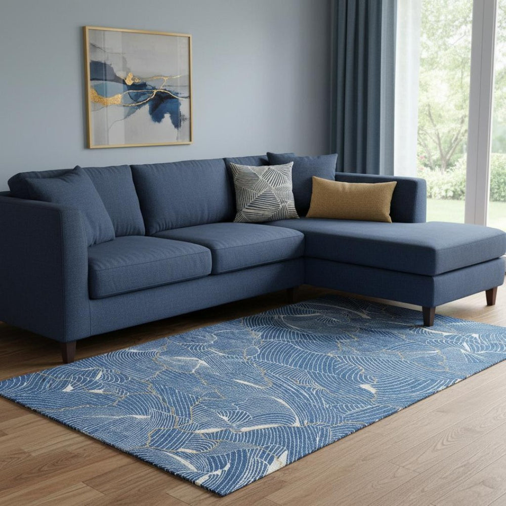 HomeRoots 8' X 10' Washable Area Rug in Blue, Ivory & Gold - UV Protected, Durable for Kids & Pets, Modern Design 682197