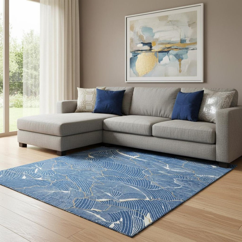 HomeRoots 10' Stylish Blue, Ivory & Gold Abstract Washable Area Rug with UV Protection for High-Traffic Spaces 682199