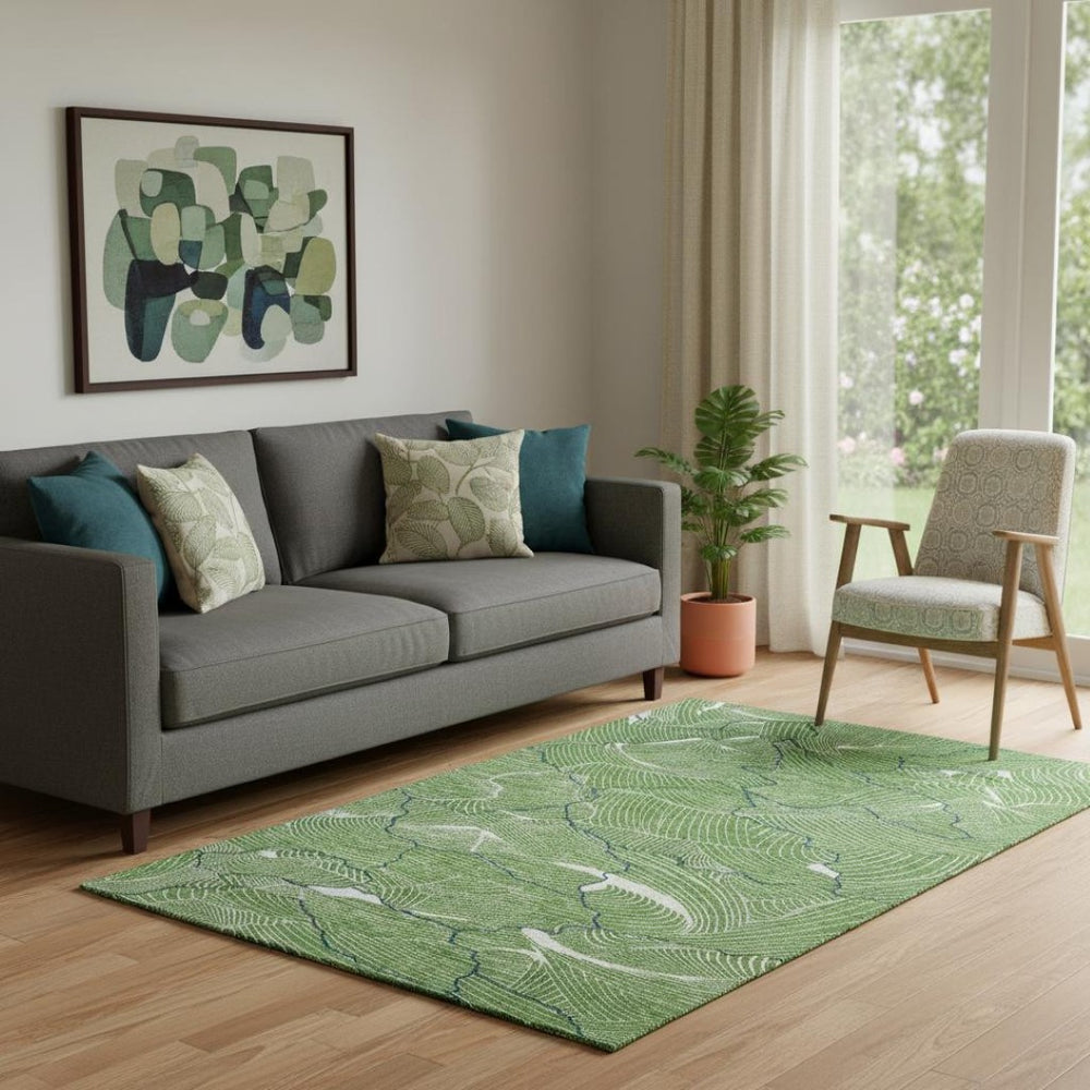 HomeRoots 5' X 8' Washable Area Rug in Green, Ivory & Navy – Modern Abstract Design with UV Protection & Durability 682201