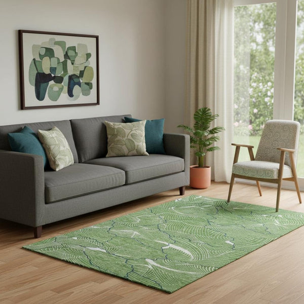 HomeRoots 5' X 8' Washable Area Rug in Green, Ivory & Navy – Modern Abstract Design with UV Protection & Durability 682201