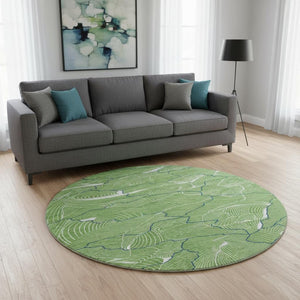 HomeRoots 8' Washable Round Rug with Abstract Green, Ivory & Navy Design - UV Protected & Stain Resistant! 682202