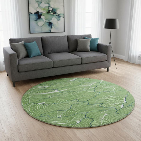 HomeRoots 8' Washable Round Rug with Abstract Green, Ivory & Navy Design - UV Protected & Stain Resistant! 682202