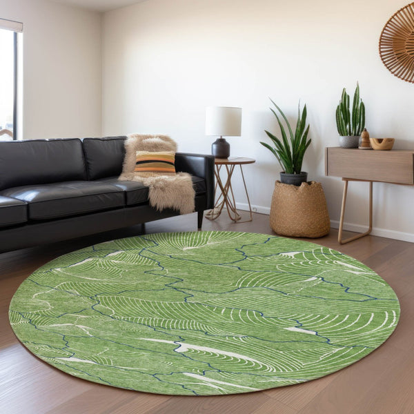 HomeRoots 8' Washable Round Rug with Abstract Green, Ivory & Navy Design - UV Protected & Stain Resistant! 682202