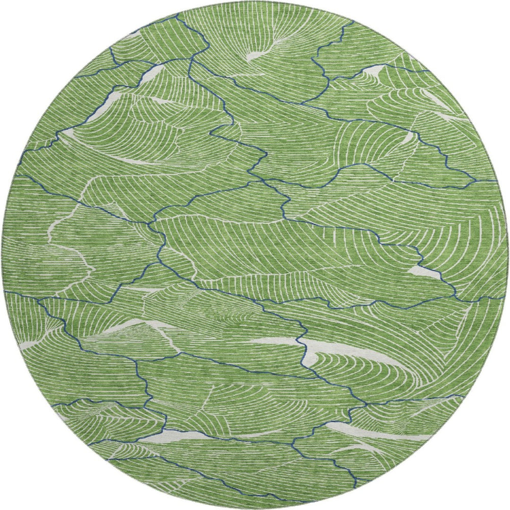 HomeRoots 8' Washable Round Rug with Abstract Green, Ivory & Navy Design - UV Protected & Stain Resistant! 682202