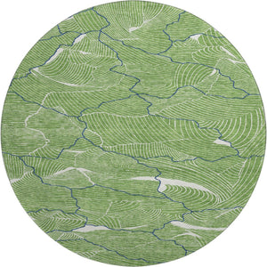HomeRoots 8' Washable Round Rug with Abstract Green, Ivory & Navy Design - UV Protected & Stain Resistant! 682202