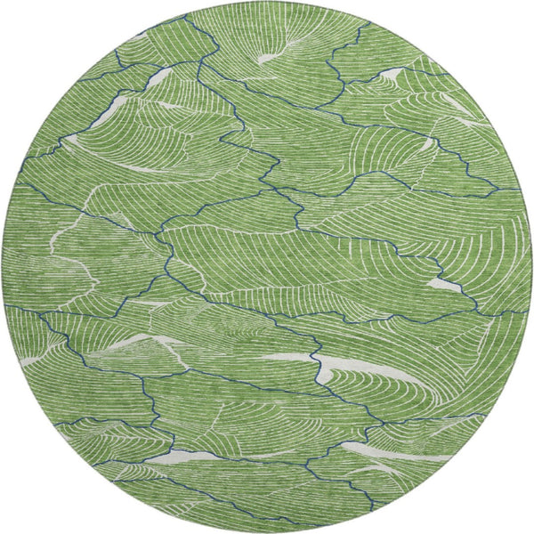 HomeRoots 8' Washable Round Rug with Abstract Green, Ivory & Navy Design - UV Protected & Stain Resistant! 682202