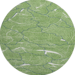 HomeRoots 8' Washable Round Rug with Abstract Green, Ivory & Navy Design - UV Protected & Stain Resistant! 682202