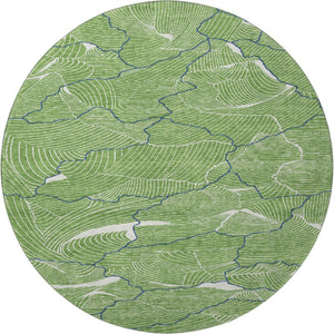 HomeRoots 8' Washable Round Rug with Abstract Green, Ivory & Navy Design - UV Protected & Stain Resistant! 682202
