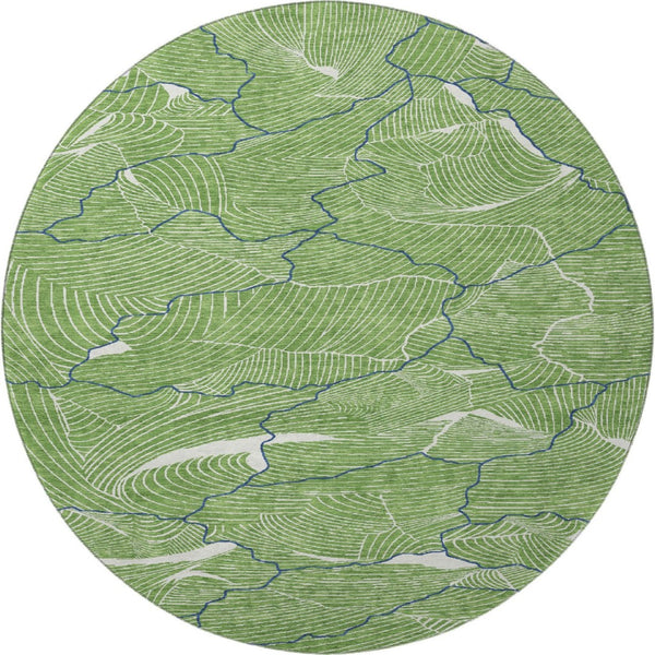 HomeRoots 8' Washable Round Rug with Abstract Green, Ivory & Navy Design - UV Protected & Stain Resistant! 682202