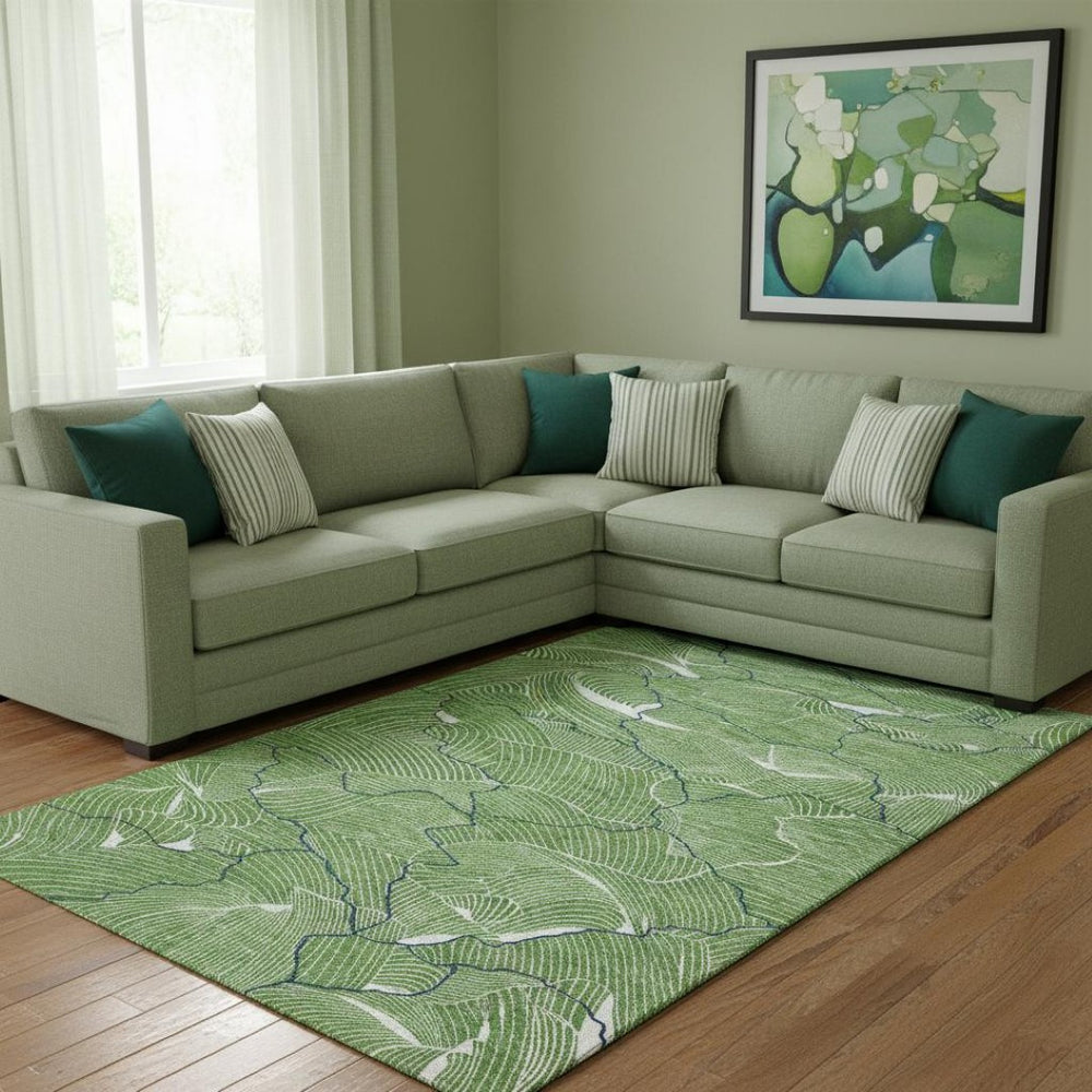 HomeRoots 8' X 10' Modern Abstract Washable Area Rug in Green, Ivory & Navy - Stain Resistant & UV Protected 682203