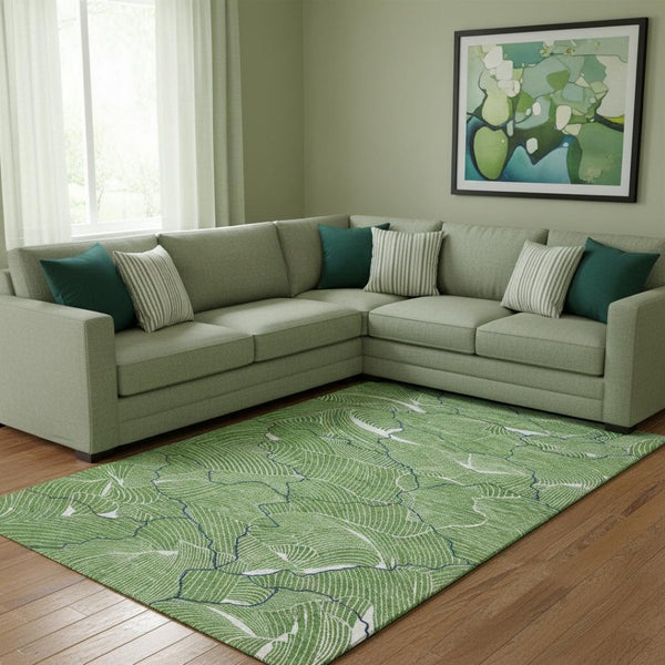HomeRoots 8' X 10' Modern Abstract Washable Area Rug in Green, Ivory & Navy - Stain Resistant & UV Protected 682203