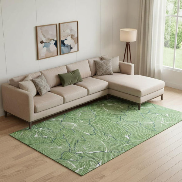 HomeRoots 9' X 12' Modern Abstract Area Rug in Green, Ivory & Navy - Washable, UV-Protected, Durable Design 682204