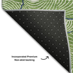 HomeRoots 9' X 12' Modern Abstract Area Rug in Green, Ivory & Navy - Washable, UV-Protected, Durable Design 682204