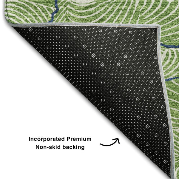 HomeRoots 9' X 12' Modern Abstract Area Rug in Green, Ivory & Navy - Washable, UV-Protected, Durable Design 682204