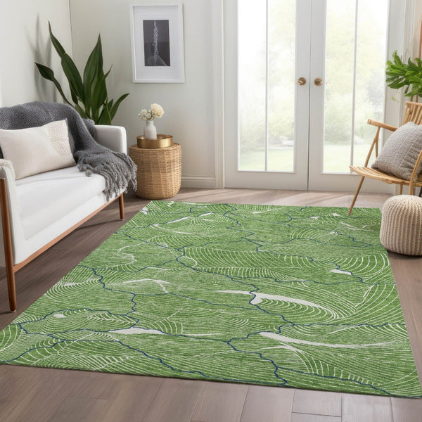 HomeRoots 9' X 12' Modern Abstract Area Rug in Green, Ivory & Navy - Washable, UV-Protected, Durable Design 682204