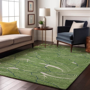 HomeRoots 10' X 14' Abstract Area Rug in Green, Ivory & Navy - Washable, UV Protected, Perfect for High-Traffic Spaces 682205