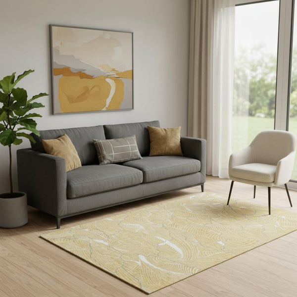 HomeRoots 5' X 8' Washable Gold Ivory & Gray Abstract Area Rug - Durable, UV-Protected, Stain-Resistant Design 682207