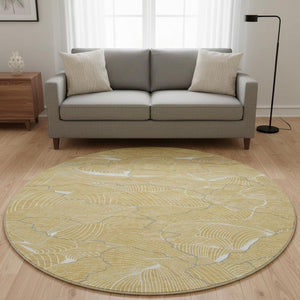 HomeRoots 8' Gold Ivory and Gray Abstract Round Washable Rug - Durable, UV-Protected, Perfect for Busy Homes! 682208