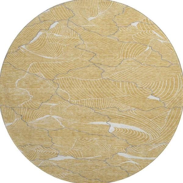 HomeRoots 8' Gold Ivory and Gray Abstract Round Washable Rug - Durable, UV-Protected, Perfect for Busy Homes! 682208