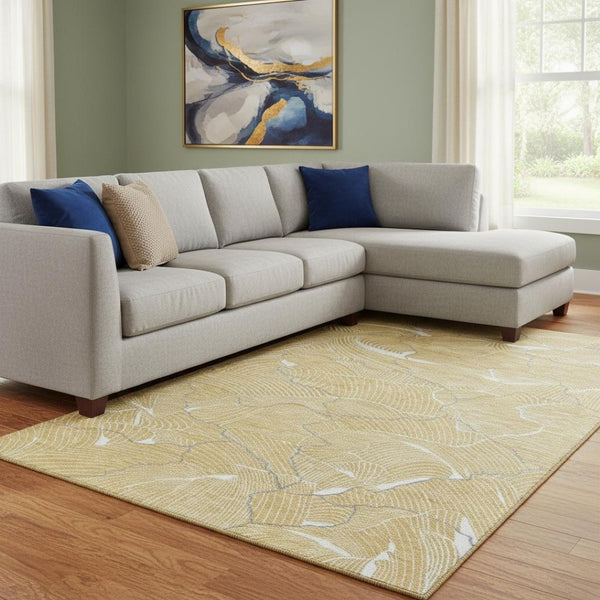HomeRoots 10' X 14' Gold Ivory Gray Abstract Area Rug - Washable, UV-Protected, Stain-Resistant & Durable Design 682211