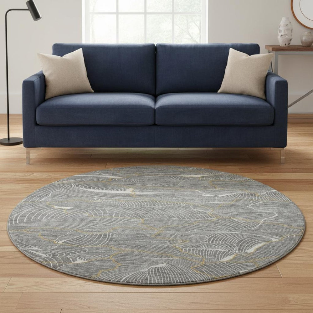 HomeRoots 8' Gray Ivory and Gold Abstract Washable Round Rug – Durable, Stylish, and Pet-Friendly Design! 682214