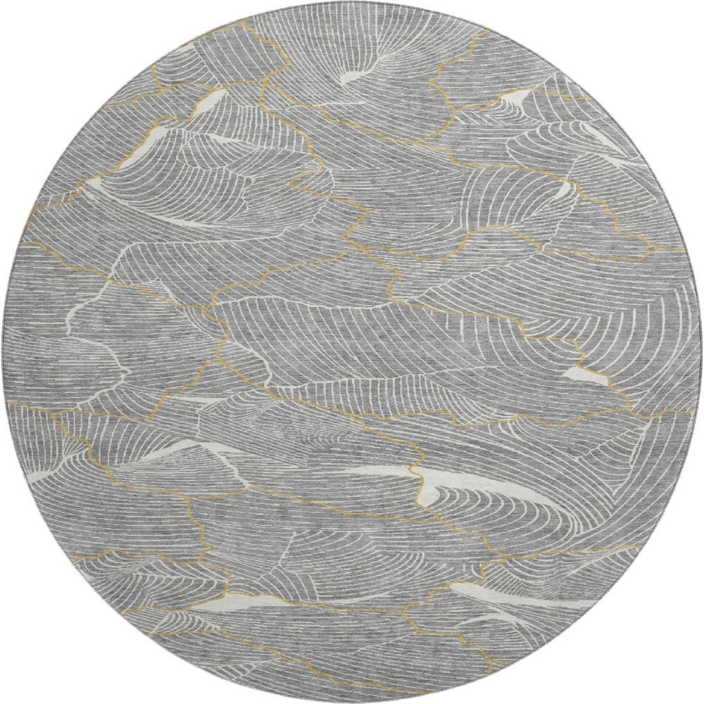 HomeRoots 8' Gray Ivory and Gold Abstract Washable Round Rug – Durable, Stylish, and Pet-Friendly Design! 682214