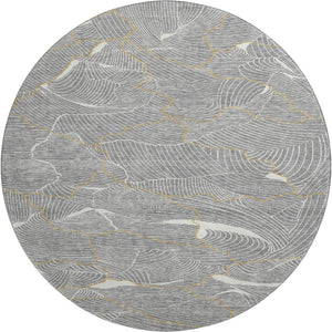 HomeRoots 8' Gray Ivory and Gold Abstract Washable Round Rug – Durable, Stylish, and Pet-Friendly Design! 682214