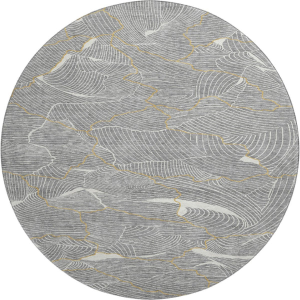 HomeRoots 8' Gray Ivory and Gold Abstract Washable Round Rug – Durable, Stylish, and Pet-Friendly Design! 682214